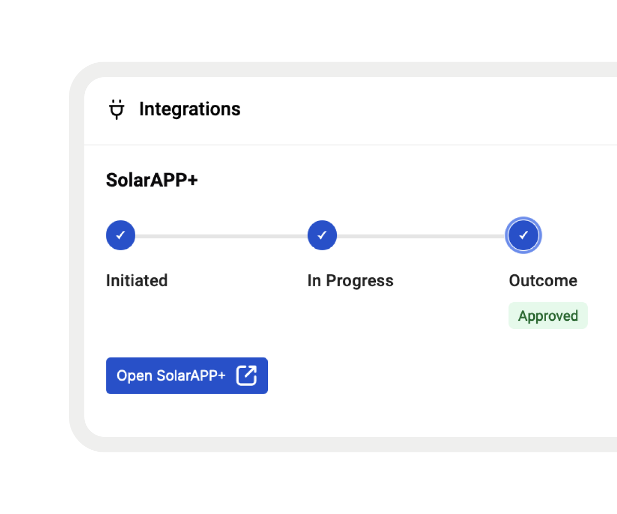 Interface showing the SolarAPP+ integration status, including initiated, in-progress, and outcome steps marked as approved.