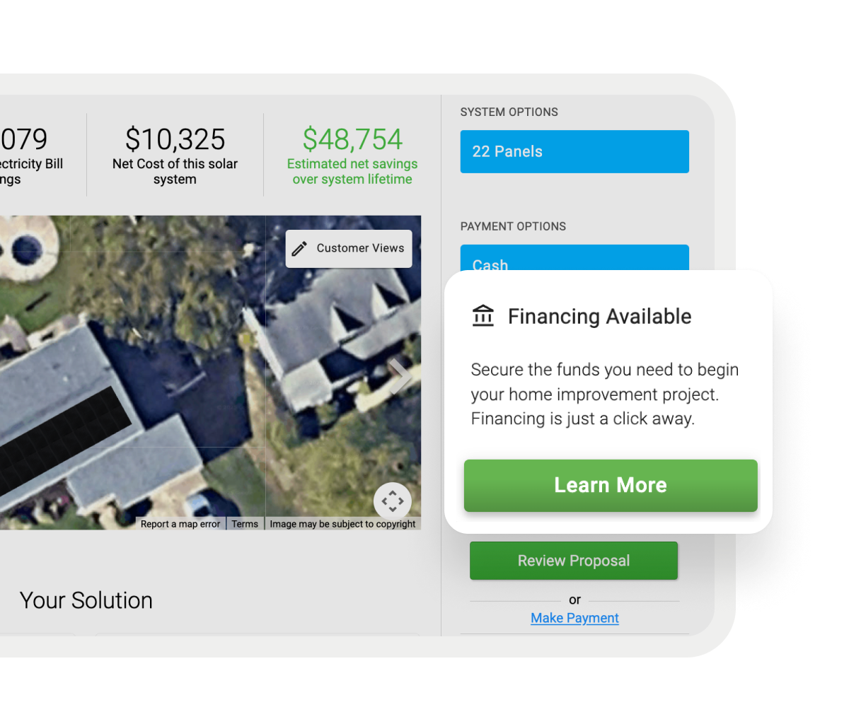 Solar panel installation interface highlighting estimated savings, system details, and a financing prompt encouraging users to learn more about financing options.