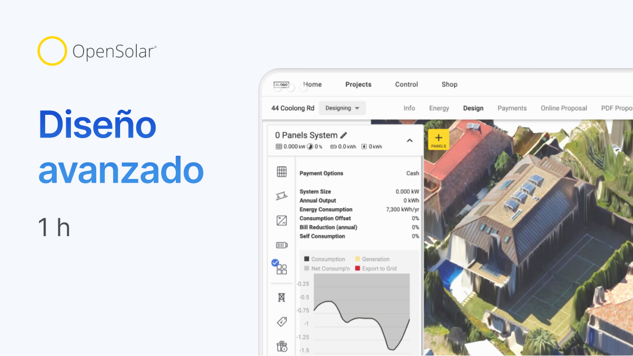 Una imagen promocional de OpenSolar que presenta un seminario web de formación avanzada titulado "Diseño avanzado", con una duración de 1 hora. La imagen incluye el logo de OpenSolar, una captura de pantalla de la interfaz del software que muestra una herramienta de análisis de sombreado y una visualización en 3D de una instalación solar en un tejado. El texto está en español y el diseño es limpio, con texto en azul y negro sobre un fondo claro.