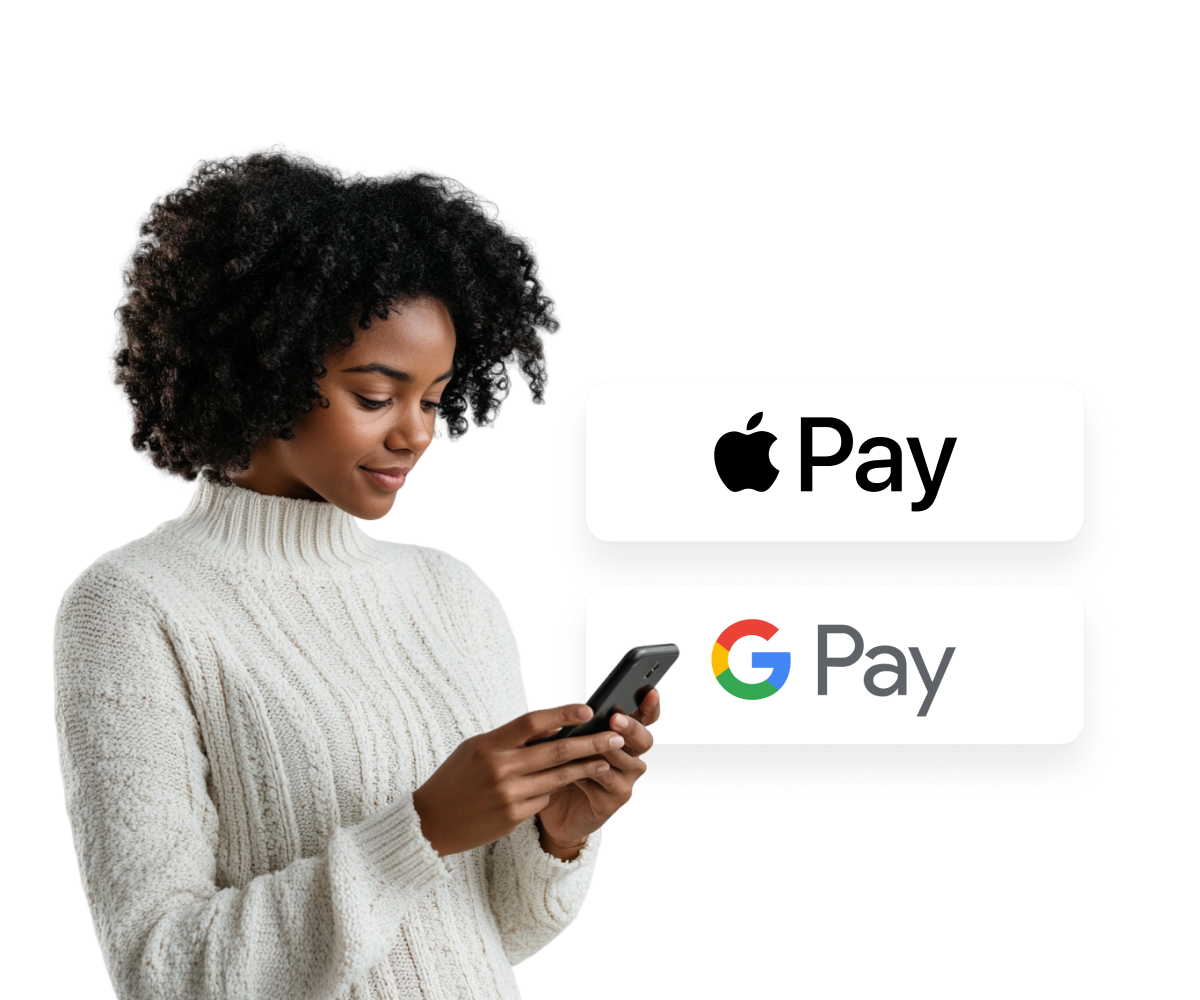 A person making a payment via smartphone with Apple Pay and Google Pay options prominently displayed.