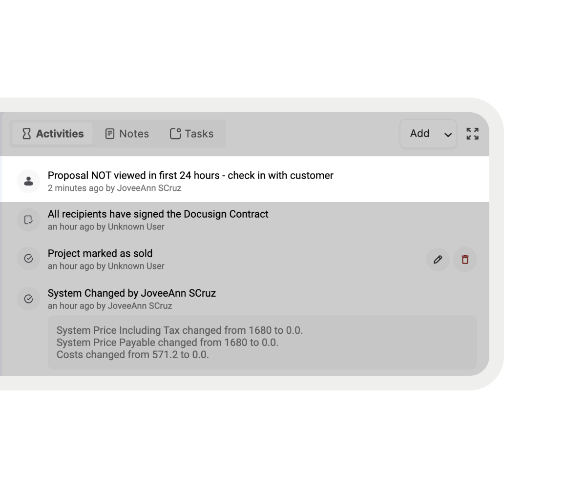 Activity notification interface indicating a proposal has not been viewed within 24 hours, suggesting a follow-up with the customer."