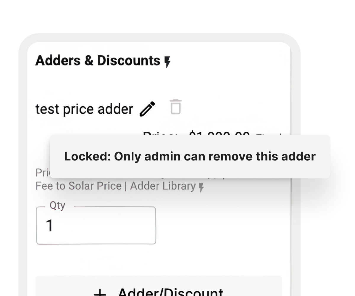 Pricing interface showing locked pricing adjustments, with a tooltip indicating that only an admin can remove specific price adders.
