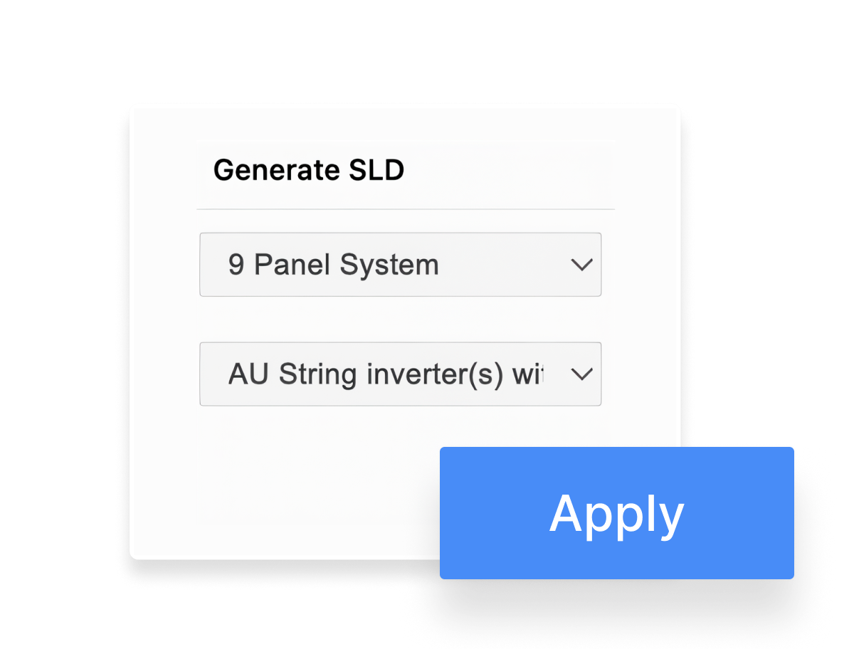 Dropdown menu interface for generating a Single Line Diagram (SLD), showing options selected for a 9-panel system and AU String inverter, with an 'Apply' button.