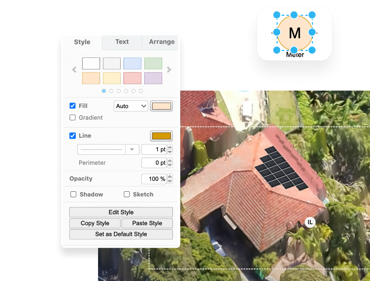 Design interface for solar system layout, showcasing style customization options, including color fill, outline settings, and an aerial view of a roof with solar panels placed.