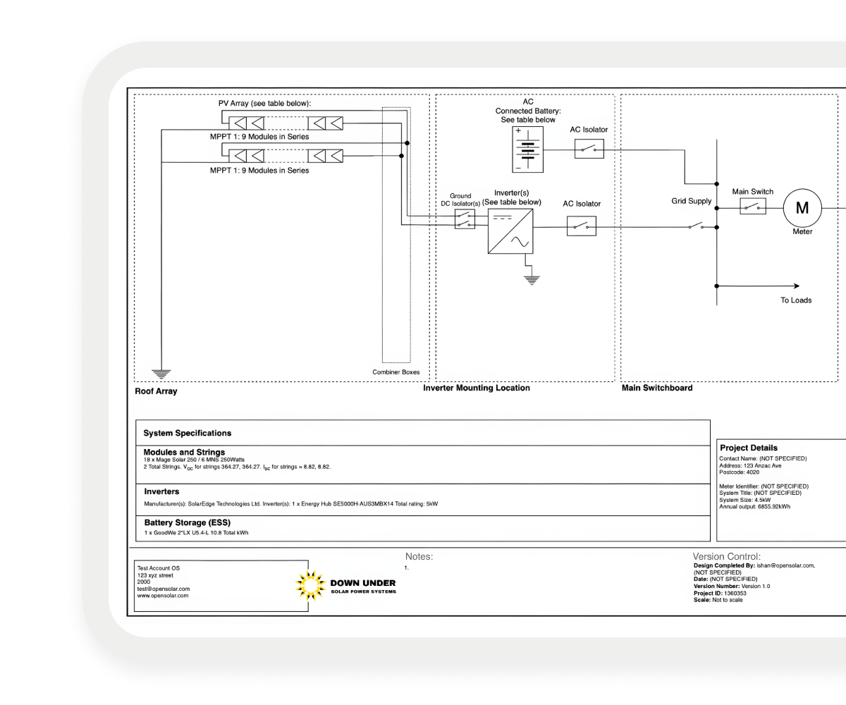 echnical diagram of a solar power system showing detailed layout components such as PV modules, inverter locations, battery storage, and grid connection points.